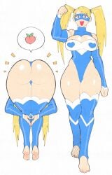 1girl ass ass_focus barefoot biceps blonde_hair blue_eyes blue_leotard breasts cleavage_cutout clothing_cutout commentary eye_mask food fruit highres inkerton-kun large_breasts leotard long_hair mask multiple_views open_mouth peach rainbow_mika speech_bubble spoken_food street_fighter street_fighter_zero_(series) thick_thighs thighs toeless_legwear twintails untranslatable_commentary v-shaped_eyebrows wide_hips