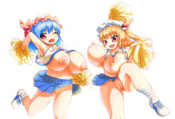 2girls blonde_hair blue_hair bow breasts breasts_out cheerleader flandre_scarlet hair hat hat_bow headgear highres huge_breasts misudoasuk mob_cap multiple_girls no_panties pom_poms pussy pussy_juice red_eyes remilia_scarlet siblings sisters sweat touhou white_background wink