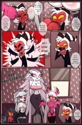 anthro argument aroused avian big_breasts bird blush blush_lines boob_hat bottomwear breast_smother breast_squish breasts canid canid_demon canine censored censored_breasts censored_nipples clothing comic crop_top demon eyelashes face_in_breasts female female/female freckled_face freckles gatojack3 glistening_eyelids group hellaverse helluva_boss hi_res humanoid imp larger_female long_eyelashes loona_(helluva_boss) male male/female mammal millie_(helluva_boss) mostly_nude motion_lines moxxie_(helluva_boss) nodding nodding_head outburst owl owl_demon panties shirt shorts size_difference smaller_female smaller_male smothering squish stella_(helluva_boss) succubus thick_thighs tight_clothing topwear tuft underwear verosika_mayday