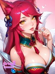 1girl animal_ears bangs bare_shoulders bell blue_ribbon blush breasts cleavage collarbone eyebrows_visible_through_hair facepaint facial_mark fox_ears fox_girl fox_tail gradient gradient_background hair_bell hair_ornament hair_ribbon heart jingle_bell large_breasts lips long_hair looking_at_viewer low_neckline mole_on_breast multiple_tails nail_polish off_shoulder pink_background pink_hair pink_nails red_hair ribbon slit_pupils smile solo tail upper_body vastaya whisker_markings yellow_eyes ahri rating:safe ai_generated ai_assisted