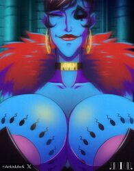 1girls asian_female big_areola black_hair blacked_waifu_stories blue_skin choker darkinkduck eye_patch fur_collar gold_jewelry gothic hair_bun hairpin huge_breasts milf mistress_triple_m_(darkinkduck) original_character portrait queen_of_spades queen_of_spades_symbol red_fur red_lipstick retro_anime_style smile spade_earrings spade_eye_patch sperm_tattoo vampire_girl witch