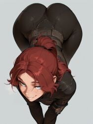 ai_generated ass ass_up bedroom_eyes big_ass blue_eyes bodysuit bubble_butt clair_obscur:_expedition_33 clothing dat_ass female freckles french_female light-skinned_female light_skin looking_at_viewer maelle_(clair_obscur:_expedition_33) mascara oatmealdood ponytail red_hair seductive seductive_look sexy_pose smiling smug solo solo_female tight_clothes tight_clothing uniform
