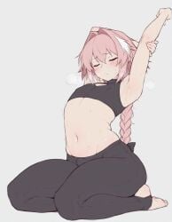 1boy ai_generated astolfo_(fate) fate/grand_order fate_(series) femboy heavy_breathing kneeling light-skinned_femboy light-skinned_male male male_only meupfem penis sissy solo stretching tagme very_sweaty