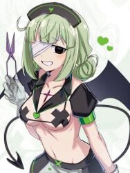 1girl aoki_shizumi araga_kiwi bandage_over_one_eye bandaged_eye bangs bare_midriff big_eyes black_clothing black_eyes black_hat black_headwear black_sleeves black_wings breasts commentary covered_nipples dark_brown_eyes dark_eyes demon_tail demon_wings detached_sleeves dilated_pupils dithered_background eyes female gloves green_hair grey_gloves grin gritted_teeth hat headwear heart highres holding holding_object holding_scissors light-skinned_female light_skin mahou_shoujo_ni_akogarete medium_breasts micro_bra mole mole_under_eye navel navel_line nipple_tape nurse_cap obstructed_eye revealing_clothes scissors short_sleeves skimpy_clothes skinny skinny_female smile solo spade_tail stomach tail taped_nipples vertical_navel white_gloves wings zoom_layer