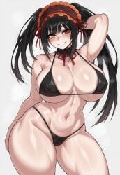 1girls ai_generated big_breasts bikini black_bikini black_hair blush cameltoe contrapposto covered_nipplesclock_eyes curvaceous_figure curvy_body date_a_live heterochromia huge_breasts large_breasts mature_female navel posing red_eye red_hairband remington34 simple_background smile thicc_thighs tokisaki_kurumi twintails wide_hips yellow_eye