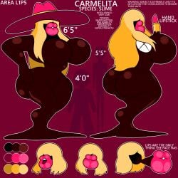 2021 back_view big_ass big_breasts big_butt big_lips big_lips_no_eyes bimbo bimbo_body bimbo_lips blonde_female blonde_hair carmelita_(mrpr1993) english_text female female_only hand_on_ass hand_on_hip hat hat_removed lips lipstick long_hair m.u.g.e.n mrpr1993 oc original_character reference_sheet size_chart size_comparison slim_waist slime slime_(substance) slime_girl slime_monster