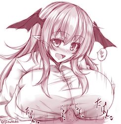 :d blush breast_lift breasts demon_girl demon_wings female ginzake_(mizuumi) head_wings heart koakuma large_breasts lifted_by_self long_hair long_sleeves looking_at_viewer monochrome motion_lines nose_blush open_mouth paizuri paizuri_under_clothes pointy_ears pov shirt sidelocks smile solo spoken_heart touhou twitter_username unseen_male_face upper_body white_shirt wings