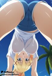 1girls :o ai_generated aimisaka all_fours ass bent_over blonde_hair blue_eyes blue_shorts blue_sky blush braid breasts cameltoe covered_nipples crotch darkness_(konosuba) day from_below hair_between_eyes hair_ornament hanging_breasts kono_subarashii_sekai_ni_shukufuku_wo! konosuba large_breasts long_hair looking_at_viewer looking_through_legs midriff_peek no_bra open_mouth outdoors palm_tree panty_peek patreon_logo patreon_username ponytail see-through shirt short_shorts short_sleeves shorts sidelocks sky solo spread_legs thighs tree upshirt upshorts white_shirt x_hair_ornament