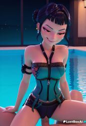 1boy 1boy1girl 1girls ai_generated bare_shoulders black_hair blunt_bangs blush breasts clothed_female_nude_male clothed_sex cowgirl_position double_bun earrings female hair_bun half-closed_eyes hi_res jewelry kpop_demon_hunters looking_at_viewer lustboxai medium_breasts naughty_face netflix nude penis pool poolside pov purple_eyes pussy sex short_hair short_shorts shorts smile solo_focus sony_pictures_animation spread_legs straddling straight uncensored vaginal_penetration vaginal_sex water zipper zipper_pull_tab zoey_(kpop_demon_hunters)