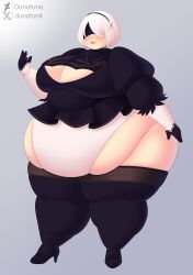 1girls bbw belly big_breasts blindfold breasts dunatuna fat female female_only hairband huge_belly light-skinned_female light_skin nier nier:_automata obese overweight short_hair solo thick_thighs thighhighs white_hair yorha_2b