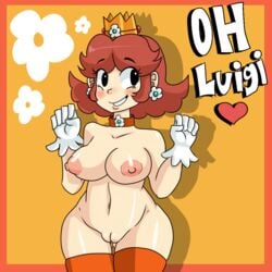 1girls ass_visible_through_thighs big_breasts breasts erozer female female_only heart mario_(series) nintendo nipples nude princess_daisy pussy simple_background skindentation solo standing text