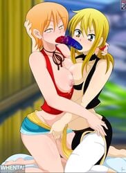 2girls blonde_hair breasts breasts_out bwob crossover deepthroat dildo dildo_deepthroat double_dildo double_dildo_deepthroat drool fairy_tail fellatio female female_only human lucy_heartfilia multiple_girls nami one_piece oral orange_hair pre-timeskip whentai yuri