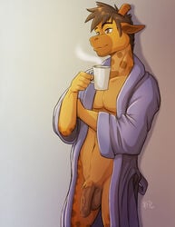 2015 anthro balls bathrobe beverage big_penis brown_eyes brown_hair casual clothes coffee cup flaccid fur giraffe hair holding kadath kadath_universe long_ears male male_only mammal mostly_nude nude patrick_(kadath) pecs penis pinup pose robe short_hair solo spots standing steam uncensored uncut