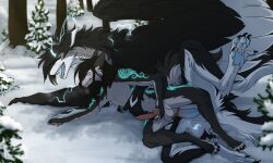 animal_genitalia animal_vulva anthro anus balls black_body black_claws black_fur black_pawpads blue_anus blue_horn blue_markings blue_pawpads blue_penis canid canine canine_genitalia canine_vulva claws cuntboy dragon duo ender_(endermoonfur) endermoonfur erection female_(lore) feral full-package_cuntboy fur furred_dragon furred_scalie genital_slit genitals grey_body grey_fur herm hermaphrodite hi_res horn intersex intersex/male knot male maleherm maleherm/male mammal markings multi_genitalia mythological_creature mythological_scalie mythology pawpads penetration penis pink_knot pink_penis pink_vulva pussy scalie sheath vaginal_penetration vulva white_body white_fur
