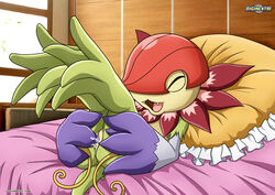 anthro bbmbbf bed clitoris closed_eyes cum digihentai digimon fangs female flora_fauna floramon flower hi_res inside lying masturbation on_bed open_mouth palcomix palcomix_vip plant plant_girl pussy pussy_juice raised_leg solo spread_pussy spreading