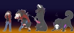absurd_res animal_genitalia animal_penis balls biped biped_to_quadruped black_body black_clothing black_fur black_sclera black_shirt black_topwear blue_bottomwear blue_clothing blue_pants bodily_fluids bone bone_mask bottomwear breasts brown_hair canid canine canine_genitalia canine_penis canis clothing cum cumshot digitigrade ejaculation erection female feral ftm_transformation fur fur_growth gender_transformation genital_fluids genitals gradient_background green_eyes growth hair hands-free hi_res human human_to_feral knot knotted_penis kyrio long_hair looking_at_viewer male mammal mask pants penis pink_penis plantigrade plantigrade_to_digitigrade purple_penis quadruped sheath shirt simple_background skull skull_mask solo species_transformation spontaneous_ejaculation standing tail tail_growth tongue tongue_out topwear torn_bottomwear torn_clothing torn_pants torn_shirt torn_topwear transformation transformation_sequence wolf