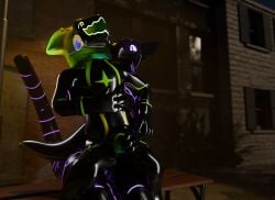 android anthro bulge bulge_grab chastity_bulge chastity_device claws clothing dark_lighting digital_media_(artwork) drone dronesuit duo fingers fluffy fluffy_ears fur green_body green_fur groping_crotch hair handwear happy latex latex_clothing latex_handwear latex_skinsuit lock_bulge lock_symbol machine male male/male multicolored_body night nonbinary_(lore) null_bulge outside protogen retiu_(retiu) robot scalie screen screen_face sitting_on_another skinsuit synth_(vader-san) tanza3d tight_clothing transformation yellow_body yellow_ears yellow_fur zerkon_(tanza3d)