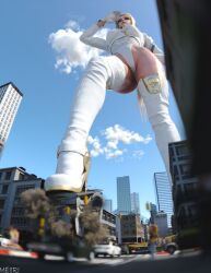 1girls 3d blonde_hair breasts city destruction female female_only giantess jgrfgts leotard light-skinned_female light_skin long_hair low-angle_view macro meiirii nier nier:_automata solo thighhighs yorha_commander