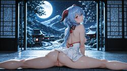 4k ai_generated anus ass bangs blue_hair blush breasts dress female flexible from_behind full_moon ganyu_(genshin_impact) genshin_impact horns hoyoverse looking_at_viewer looking_back mihoyo moon mountain night night_sky nipples pussy sky smile solo split spread_legs stable_diffusion stretching uncensored wetartist