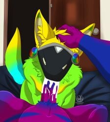 2025 absurd_res animal_genitalia anthro bed blue_body blue_fur bodily_fluids claws cum cum_drip cum_in_mouth cum_inside cum_on_penis digital_media_(artwork) dripping duo erection fingers fluffy fluffy_ears fur furniture genital_fluids genitals green_body green_fur hair hand_on_head hi_res machine male male/male male_penetrated male_penetrating multicolored_body nonbinary_(lore) nude on_bed oral penetration penile penis protogen protogen_visor purple_body purple_fur retiu_(retiu) screen screen_face sex sinister-jordex tanza_(tanza3d) tuft yellow_body yellow_ears yellow_fur