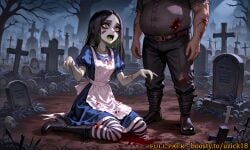 1girls ai_generated alice_in_wonderland alice_madness_returns black_boots black_hair blue_dress boots cameltoe corpse dark_hair dead_eyes dead_girl death green_eyes knee_boots pale_skin stockings young_girl younger_female zombie zombie_girl
