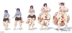 absurd_res anthro big_breasts bimbofication breast_squish breasts canid canine clothing female front_view full-length_portrait hi_res huge_breasts lips lykan284 mammal multicolored_body nipples portrait sequence simple_background solo squish thick_lips thick_thighs torn_clothing transformation wide_hips