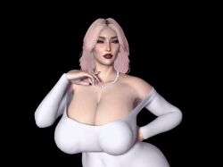 3d asian big_breasts dongtan_dress expressionless giant_breasts korean_female looking_at_viewer milf nails pearl_earrings pearl_necklace sagging_breasts voluptuous voluptuous_female white_dress white_hair