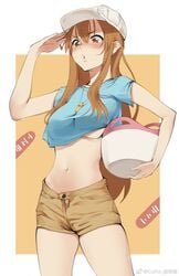 1girls aged_up belly_button blue_shirt blush breasts brown_eyes brown_hair cells_at_work cokio female hand_on_head hat hataraku_saibou long_hair orange_background platelet_(hataraku_saibou) shorts slim solo thighs underboob whistle white_background white_hat white_skin