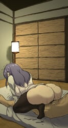 ass blue_hair bottomless braid clothed_female_nude_male clothing condom cowgirl_position cum duo faceless_male female futon highres hiradaira_chisaki lamp male nagi_no_asukara nude parumezan pubic_hair reverse_cowgirl_position sex side_braid solo_focus straddling straight sweat thighhighs tied_hair trembling used_condom