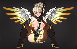 antiheld areolae black_gloves blonde_hair blue_eyes blush boots breasts breasts_out brown_legwear clothed_masturbation clothing crotch_rub female full_body gloves high_ponytail knee_boots large_areolae long_hair masturbation mechanical_halo mechanical_wings mercy nipples overwatch pantyhose sitting solo spread_legs staff tabletorgy torn_clothes torn_pantyhose wings