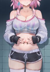 1girls ai_generated belly belly_button cleavage crop_top exposed_midriff hands_on_belly honkai:_star_rail march_7th_(honkai:_star_rail) midriff navel navel_poke navel_spread pink_hair shorts thighs tummy