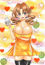 1girls apron bare_shoulders blue_eyes blush breast_hold breasts brown_hair caroline_(pokemon) cleavage earrings female female_only human human_only jewelry large_breasts long_hair looking_at_viewer milf naked_apron nintendo no_bra no_panties nude open_mouth pointy_chin pokemon pokemon_rse sketch smile solo standing takecha text thighhighs watermark wavy_hair