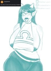 modharvest solo solo_female female female_only 1girls 1girl alien alien_girl alien_humanoid homestuck_troll homestuck ms_paint_adventures monochrome white_background simple_background drawthread_request request requested artist_name horns pointy_ears hair long_hair earrings earring glasses glasses_on_head lipstick open_mouth tongue tongue_out raised_eyebrows eyebrows eyebrows_visible_through_hair big_breasts breasts breasts_out huge_breasts breasts_bigger_than_head nipples areolae big_areola big_areolae thighs thick_thighs bottomwear topwear sagging_breasts saggy_breasts curvy curvy_figure curvy_female curvaceous curvy_body curvy_hips hips child_bearing_hips curvaceous_figure curvaceous_female curvaceous_body latula_pyrope
