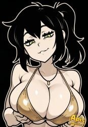 1girls ai_generated artist_name bikini black_hair breasts child_bearing_hips cleavage gold_bikini green_eyes hi_res large_breasts mature mature_female mature_woman medium_hair navel necklace parted_lips ponytail pose posing renee_graves seductive seductive_look seductive_smile self_fondle sensual sexy sexy_pose sideboob smile teeth the_coffin_of_andy_and_leyley thong_bikini toned voluptuous