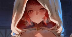 1girl animal_ears blush breasts breasts_out commentary cow_ears cow_girl draph earrings erune granblue_fantasy highres hood hood_up implied_nudity implied_sex indoors jewelry large_breasts looking_at_viewer parted_lips pointy_ears portrait red_eyes red_hair rororo short_hair solo sturm_(granblue_fantasy) sweat