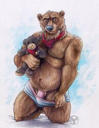 1boy anthro balls bear briefs clothed clothing hi_res kneeling looking_at_viewer male male_only mammal navel neckerchief neverwolf pecs pencil_(artwork) penis penis_base pinup pose signature smile solo teddy_bear topless traditional_media_(artwork) underwear underwear_pull white_underwear