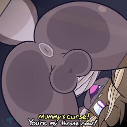 2025 against_surface anthro anus ass balls canid canine canis dialogue digital_drawing_(artwork) digital_media_(artwork) domestic_dog english_description english_text fur genitals grey_body grey_fur hi_res looking_at_viewer looking_down looking_down_at_viewer low-angle_view male mammal mintytempest mummy_costume mummy_wrappings on_glass open_mouth purple_eyes sitting_on_glass smile smiling_at_viewer solo tail text toffee_(mintytempest)