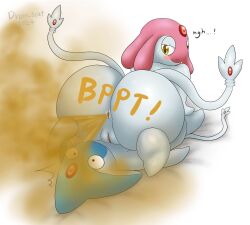 2024 anthro anus ass azelf big_butt blue_body drain_scat duo english_text fart fart_cloud fart_fetish farting_on_another feet female generation_4_pokemon genitals grey_body hi_res huge_fart legendary_pokemon looking_at_another looking_back looking_back_at_another lying_on_another male mesprit multicolored_body nintendo pink_body pokemon pokemon_(species) simple_background surprised text two_tone_body vulva white_background wide_hips yellow_eyes