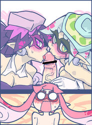 1futa 2girls bar_censor blush breasts callie_(splatoon) censored cephalopod cephalopod_humanoid cleavage collaborative_fellatio earrings fellatio futanari gloves hair humanoid inkling inkling_futa inkling_girl intersex jewelry large_breasts marie_(splatoon) mask_(marking) multiple_fellatio multiple_girls nintendo oral penis pointy_ears seki_(red_shine) smooth_skin splatoon squid squid_sisters teamwork tentacle tentacle_hair white_gloves