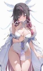 2sham arm_at_side blush closed_mouth columbina_(genshin_impact) genshin_impact hand_between_breasts large_breasts leotard open_eyes pink_nails smile thick_thighs thighs unmasked wide_hips