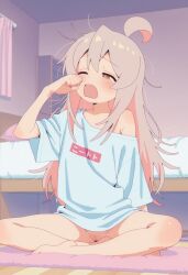 8c23 ahoge ai_generated bedroom brown_eyes girl hair long messy_hair oblivious onii-chan_wa_oshimai! oversized_clothes oversized_shirt oyama_mahiro pink_hair pussy sexually_ignorant shirt sitting sleepy tagme white_shirt yawn yokozuwari younger_female