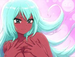 ai_generated anime anime_style bare_shoulders big_breasts blue_hair blush blush_lines blushing breasts breasts_out brown_body covering covering_breasts crying crying_with_eyes_open dark-skinned_female dark_skin dolly_dimpley female flowing_hair holding_breast huge_breasts large_breasts naked naked_female nodonmai nude nude_female pose posing_nude pout pouting sad shiny_skin shoulders smiling_friends squeezing_breast