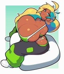 adnyc ahoge alone ass baggy_clothes baggy_clothing baggy_pants black_choker blonde_hair blue_eyes blue_hair booty borrowed_character breasts breasts_bigger_than_head breasts_squeezed_together butt_crack carol_(carro3dsculpts) choker choker_collar cleavage cleavage_overflow clothed clothes clothing commission dark-skinned_female dark_body dark_skin eyebrows eyelashes eyes female female_focus female_only female_solo gigantic_breasts large_breasts long_hair long_ponytail overboob panties ponytail seated shoes shoulders sideboob simple_background sitting sitting_down solo sports_bra sportswear tongue tongue_out two-tone_hair white_shoes woman_focus woman_only woman_solo