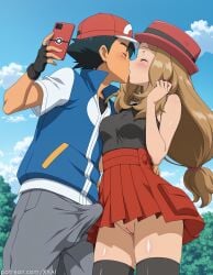 1boy ai_generated baseball_cap black_gloves black_hair black_shirt black_thighhighs blue_jacket blush breasts brown_hair bulge cellphone cleft_of_venus closed_eyes cloud day erection erection_under_clothes eyelashes female fingerless_gloves gloves grey_pants hat holding holding_phone jacket kissing long_hair low-tied_long_hair male nintendo no_panties outdoors pants penis phone pleated_skirt pokémon_(species) pokemon pokemon_(anime) pokemon_(species) pokemon_xy pussy red_headwear red_skirt satoshi_(pokemon) serena_(pokemon) shiny_skin shirt short_hair short_sleeves skirt sky sleeveless sleeveless_jacket sleeveless_shirt smartphone straight thighhighs watermark xxai