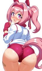 1girl animal_ears ass ass_focus bandaid bandaid_on_leg bow buruma ear_bow ear_covers female female_only fingerless_gloves flower-shaped_pupils flower_in_eye gloves haru_urara_(bestest_prize)_(umamusume) haru_urara_(umamusume) headband highres horse_ears horse_girl horse_tail huge_ass jacket long_hair open_mouth pink_buruma pink_eyes pink_hair pink_headband ponytail red_buruma red_gloves red_headband shirt smile solo symbol-shaped_pupils symbol_in_eye tail umamusume unepicroachy white_jacket white_shirt