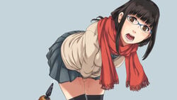 anal between_legs black_hair blush brown_eyes buttplug buttplug_push buttplug_tail clothed clothed_masturbation clothes clothing drop dropping elk115 exhibitionism female fully_clothed glasses hand_between_legs highres leaning_forward long_hair looking_at_viewer masturbation open_mouth original scarf skirt solo stealth_masturbation tail thighhighs toy_dropped_from_orifice