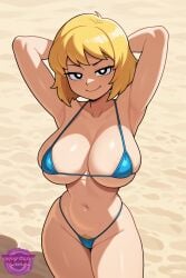 ai_generated armpits arms_behind_head arms_up beach bikini black_eyes blonde_female blonde_hair blonde_pubic_hair blue_bikini blue_swimsuit busty busty_female fallout fallout_(series) fanart female female_focus female_only hands_behind_head jorgecarlosai micro_bikini pubic_hair pubic_hair_peek sand sexy short_hair smile swimsuit thighs toned video_game video_game_character video_games watermark