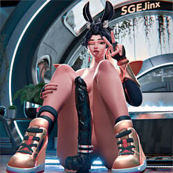 anran overwatch black_dildo bunny_ears dildo sitting sitting_on_floor v_sign shoes nude nude_female light-skinned_female dark_hair orange_eyes armwear 1440p sgejinx_(artist) 3d 3d_(artwork) blender blender_(artwork) blender_cycles bedroom plants indoors indoor_lighting huge_dildo breasts ass tongue_out tongue blurry_background bloom easter thighs thick_thighs hand_on_thigh