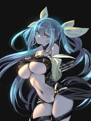 1girl absurdres artist_name bare_shoulders black_choker black_panties blue_hair breasts choco_(chocolate_shop) choker cleavage commentary_request dated detached_sleeves dizzy_(guilty_gear) guilty_gear guilty_gear_x guilty_gear_xx hair_between_eyes hand_on_own_chest hands_on_own_chest highres large_breasts long_hair navel no_pants panties red_eyes revealing_clothes ribbon solo stomach thick_thighs thigh_strap thighs twintails twitter_username underboob underwear very_long_hair white_sleeves yellow_ribbon