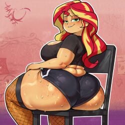 ai_generated ass_focus bbw booty_shorts caption daballsman dumptruck_ass equestria_girls fat_ass fishnet_legwear fishnets hotpants huge_ass illustrious_(stable_diffusion) mature_female my_little_pony older_female presenting_hindquarters short_shorts shorts showing_off stockings sunset_shimmer teasing teasing_viewer wide_hips yoga_shorts